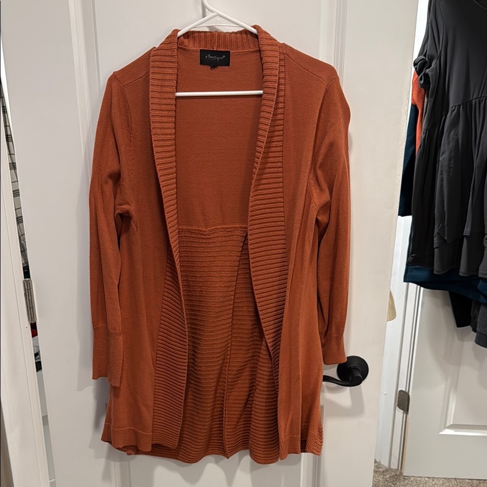 Orange Cardigan Sweater with Ribbed Shawl Collar